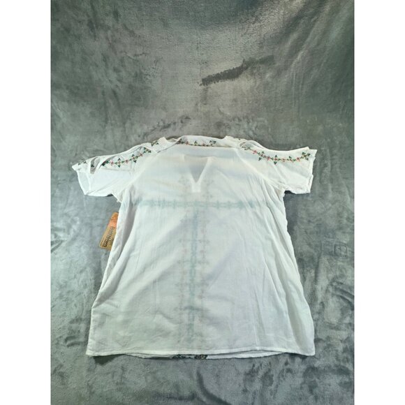 Ruff Hewn Womens Blouse Large Boho Embroidered Cold Shoulder Short Sleeve Tassel - Picture 9 of 16